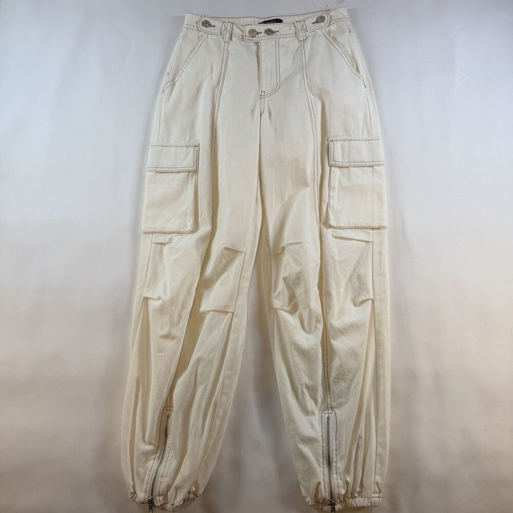 Forever 21 Women's Cream Cargo Pants with Contrast Stitching Zip Ankles Size M